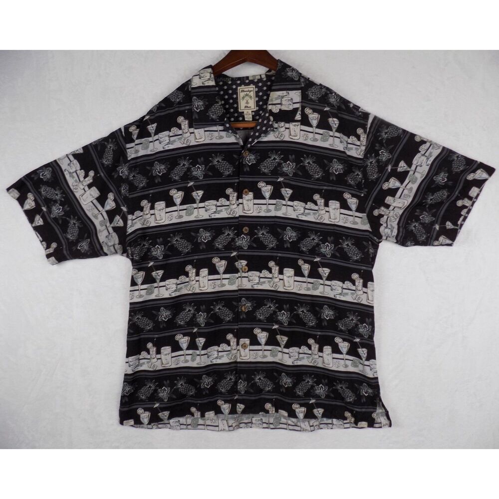 Montego Mon Mens XL Silk Hawaiian Camp Shirt Black Cocktail Pineapple Print‎